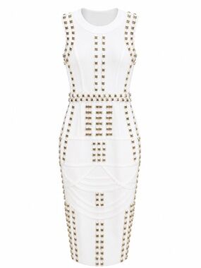Unbranded White & Metallic Gold Bandage Fitted Bodycon Dress